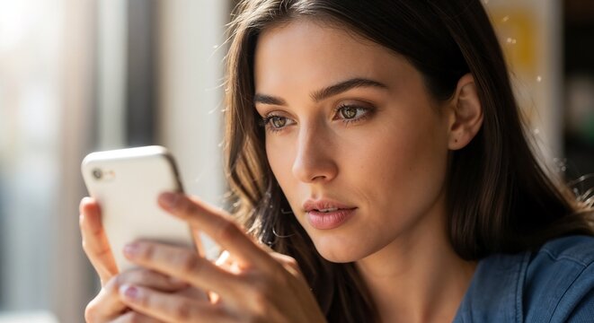 Girl reading mean text message while looking at smartphone in modern cafe. Emotion on her face suggests distress caused by hurtful words from friends.