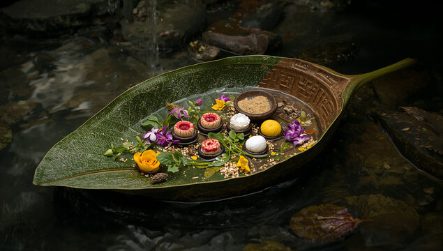 Floral offerings on large leaf floating in natural stream with offering tradition ceremony floating religion spiritual tranquility devotion meditation landscape outdoors blessing symbolic