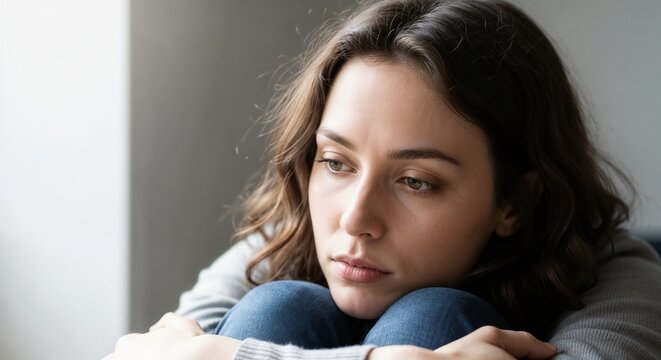 Woman sitting with knees up, looking contemplative and introspective in a bright room. The thoughtful woman embodies a moment of self-reflection while seated comfortably.