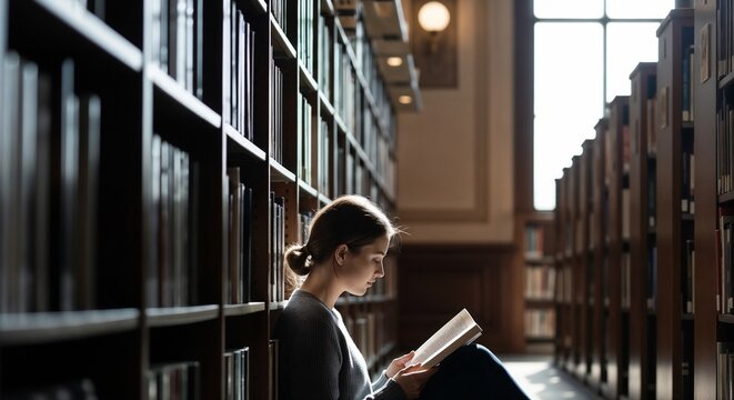 Girl sitting alone in library reading book surrounded by shelves filled with literature and knowledge. Library setting fosters calm and focused atmosphere for deep engagement with text.