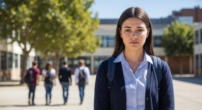 Student standing alone with thoughtful expression while classmates walk away in school environment. Student feels isolated amidst social dynamics in educational setting,