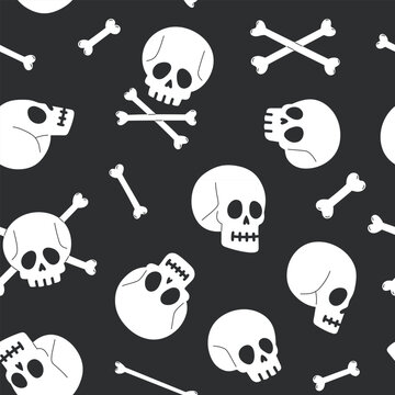 Halloween seamless pattern with white cartoon skull head and crossbone on dark background. Spooky skeleton repeat texture with various skull views and bone elements. Flat vector illustration