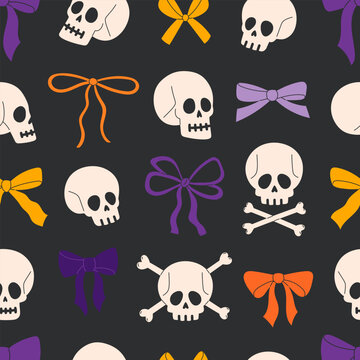 Halloween seamless pattern with beige skull, crossbone, colorful bow on dark background. Cute spooky skeleton repeat texture with purple, orange and yellow ribbon decoration. Flat vector illustration