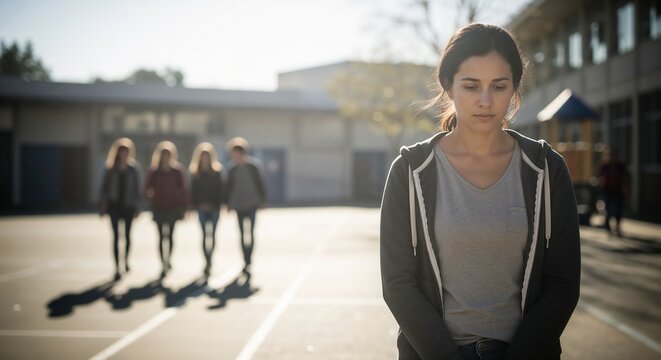 Girl walking away from group of friends in schoolyard with sunlight creating a soft glow. Sad girl stands alone as friends walk away in the background.