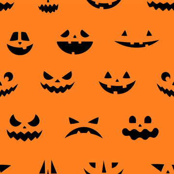 Halloween seamless pattern with black jack o lantern pumpkin face silhouettes on orange background. Various scary and funny carved pumpkin expression repeat texture. Flat vector illustration