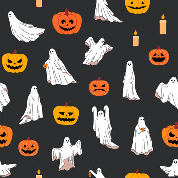 Halloween seamless pattern with white ghost, orange carved pumpkin and candle on dark background. Spooky ghost and jack o lantern repeat texture with various expressions. Flat vector illustration
