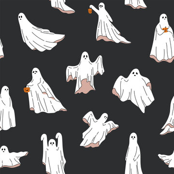 Halloween seamless pattern with cute white ghost characters in various poses on dark background. Spooky floating ghost repeat texture with pumpkin lantern. Flat vector illustration