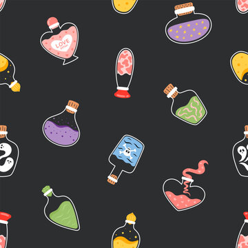 Halloween seamless pattern with colorful magic potion bottles on dark background. Love potion skull ghost star and snake liquid repeat texture in various bottle shapes. Flat vector illustration