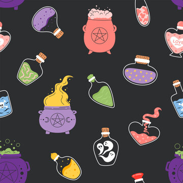 Halloween seamless pattern with witch cauldron and magic potion bottle on dark background. Colorful brew, love potion, ghost, skull and star liquid repeat texture. Flat vector illustration