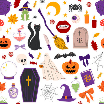 Halloween seamless pattern with pumpkin, ghost, black cat, skull, coffin, spider and witch elements on white background. Spooky holiday symbol repeat texture with candy and autumn leaf. Flat vector 