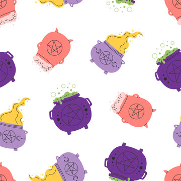 Halloween seamless pattern with colorful witch cauldron and pentagram star symbol on white background. Purple and pink boiling brew cauldron repeat texture with flame, slime and foam. Flat vector 