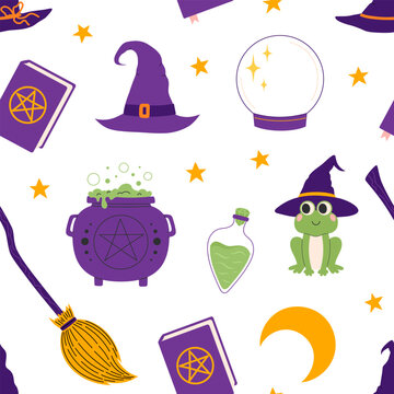 Halloween seamless pattern with witch hat, cauldron, broom, crystal ball, potion bottle and frog on white background. Magic spooky element repeat texture with star and moon. Flat vector illustration