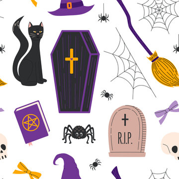 Halloween seamless pattern with black cat, coffin, spider, witch hat, broom, skull and tombstone on white background. Spooky holiday symbol repeat texture with cobweb and magic book. Flat vector 