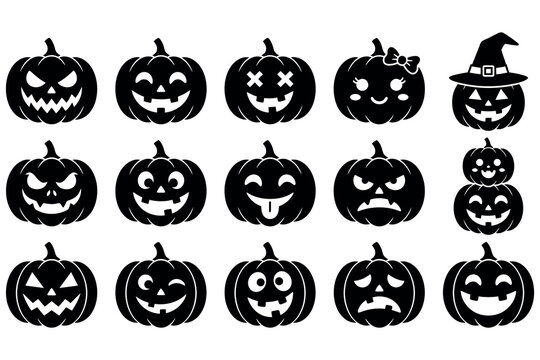 Black silhouette halloween pumpkin faces collection for festive decorations