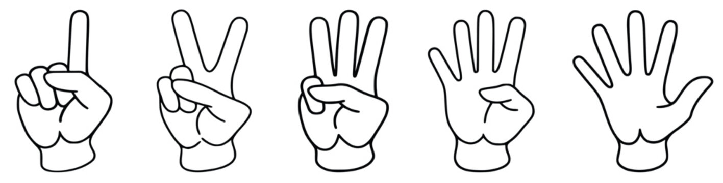 Hand Counting Gesture Icon Set One to Five Fingers, Finger Number Signs Collection, Outline Hand Symbol for Education, UI, Infographic and Learning Isolated on White Background Vector