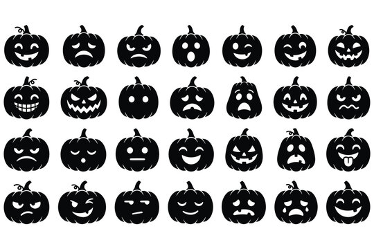 Black silhouette pumpkin faces collection for halloween decorations and design