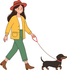 Young Woman in Stylish Autumn Outfit Walking Her Cute Dachshund Dog on Leash Flat Vector Character Illustration Isolated on White