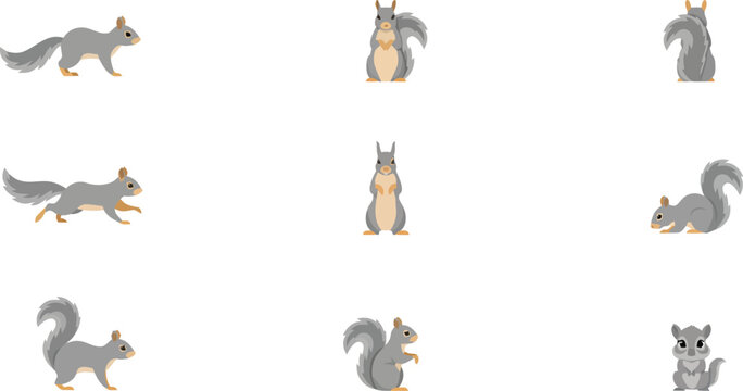 Minimalist vector icon set of grey squirrels in various active poses for wildlife and nature themed graphic design