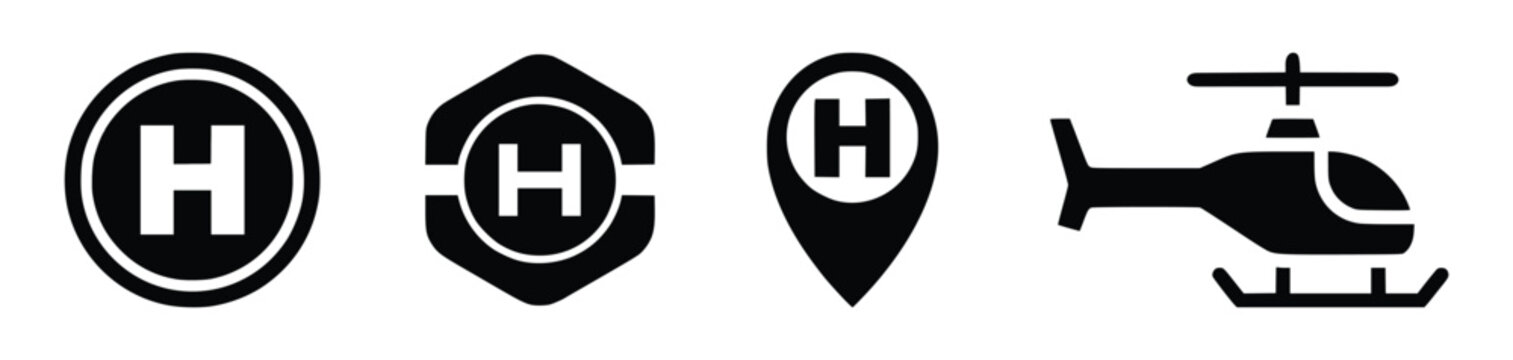 Helipad and Rescue Helicopter Icon Set - Heliport Landing Pad, Air Ambulance, Emergency Aviation, Medical Transport, Line, Glyph and Solid Style Collection Vector