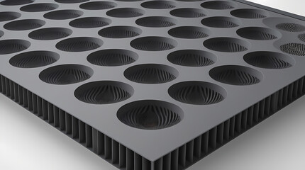 Fototapeta premium Matte anthracite acoustic metamaterial panel with engineered sound dampening cavities