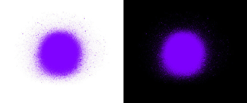 Purple spray paint texture set, aerosol splatter on white and black background, neon violet graffiti paint drip elements for urban design png