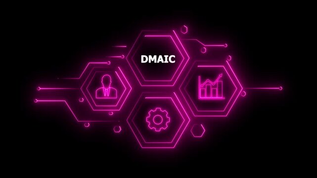 Abstract neon Hud knowledge ability business gear icon Glowing neon line concept. Glowing " DMAIC " button in German on a futuristic, abstract wave technology on black background. 4K animation video