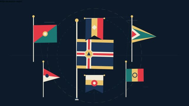 Diverse Collection of International Flags Waving on Flagpoles Against a Dark Background.