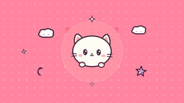 Cute Kawaii Cat Floating in Pink Dreamy Sky with Clouds and Stars.