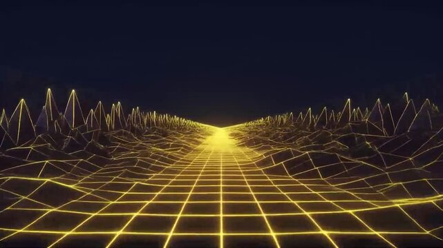 Seamless Loop of Synthwave Golden Wireframe Grid Landscape, Urban Gold Neon Horizon VJ Motion Graphics