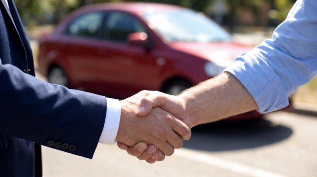 Poign&eacute;e de main de r&eacute;ussite entre un concessionnaire et un client pour l'achat d'une voiture, accord conclu