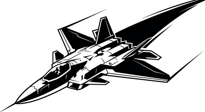 Monochrome military fighter jet vector graphic with dynamic speed lines and realistic aircraft silhouette isolated on white background