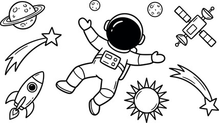 Outer space astronaut cartoon vector icon set with rocket ship planets stars satellite isolated on white background © Rashidul