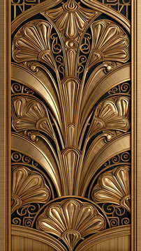 Luxurious gold Art Deco geometric pattern background, 3D metallic carved relief panel with vintage floral fan motifs.