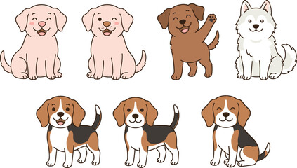Obraz premium Cute Cartoon Puppy Dog Set Featuring Happy Beagle Labrador and Husky Breeds for Kids Book Illustrations and Pet Care Graphic Designs