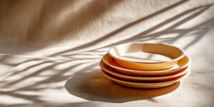 Stack of disposable plates made from cornstarch on linen tablecloth