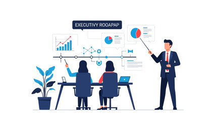 Obraz premium Business professionals analyzing financial data and strategic roadmap during a corporate presentation. Executive team discussing company growth and market trends.