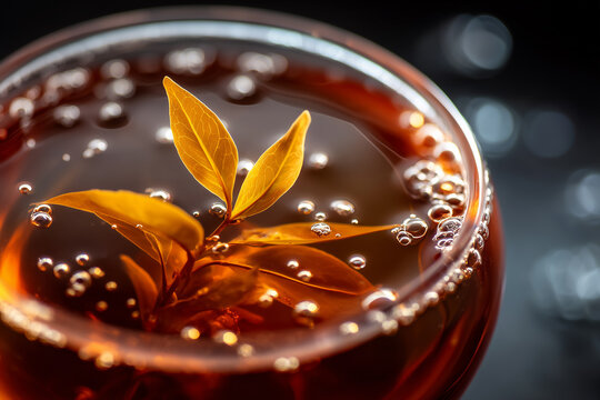 Dark pu erh tea leaf unfurling inside clear glass teapot