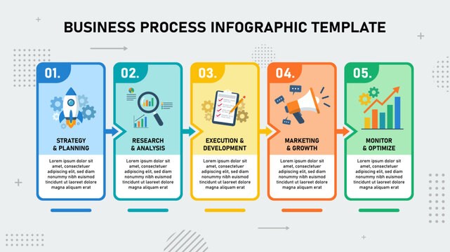 Business process infographic template with 5 steps chevron timeline layout. Vector illustration
