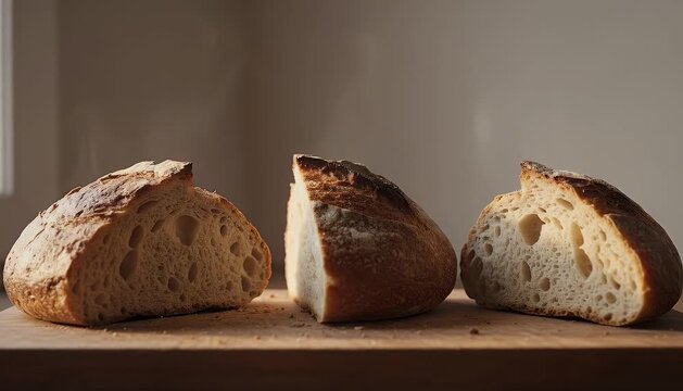 Artisan bread sourdough loaves sliced natural lighting studio