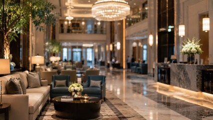 Fototapeta premium Elegant Luxury Hotel Lobby Interior with Modern Design and Sophisticated Hospitality Atmosphere