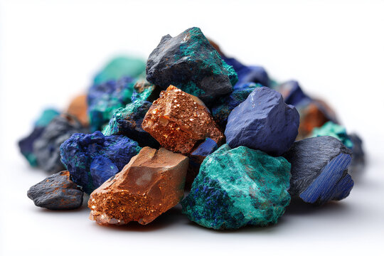 colorful raw copper mineral ore stones in pile isolated on white background