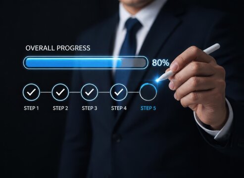 Man in suit checking progress bar with steps towards completion during digital presentation