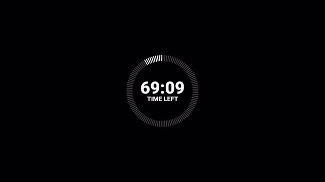 Countdown animation from 70 minute to 60 minute, seventy minute to sixty minute countdown in 1 minute on a tranparent background in 4k with alpha channel.