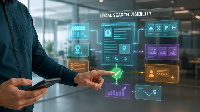 Local search visibility concept with digital interface and tablet interaction