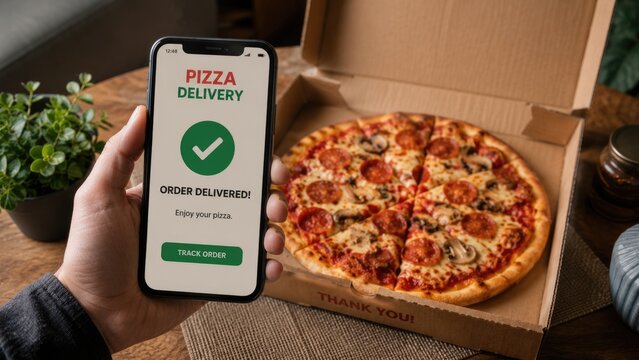 Pizza Delivery Confirmation on Smartphone with Fresh Pepperoni Pizza in Open Box