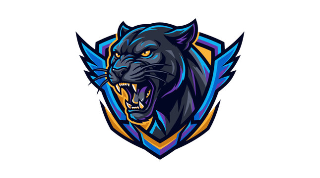 Powerful black panther mascot logo with shield and wings, snarling feline predator esport team graphic illustration on white background