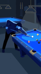 Lone Figure Playing Pool on Electric Blue Felt Table in Dimly Lit Room, Focused Concentration, Vector Illustration © Sulaiman