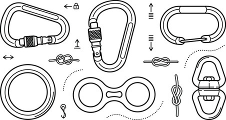 Climbing carabiner and mountaineering gear line art vector set with locking screwgate clip figure eight descender rope knot swivel © vector design 