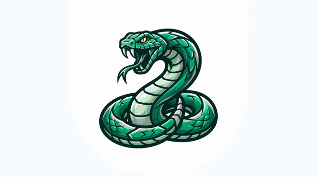 Angry green snake mascot logo vector illustration with open mouth and fangs