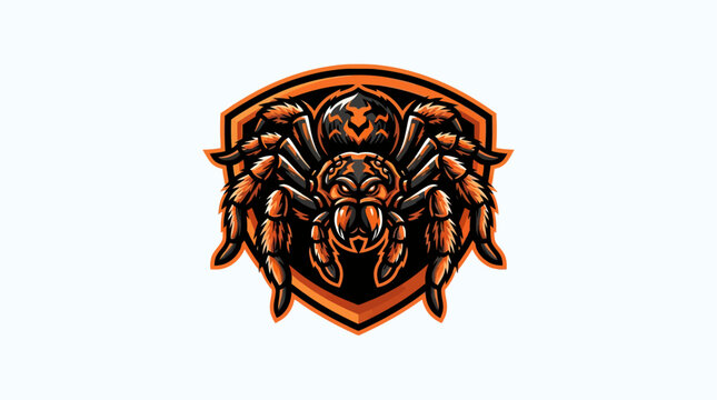 Aggressive tarantula spider mascot logo with orange shield frame vector illustration